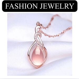 ELEGANT Rose Gold Tone CZ Diamond Pink Opal Necklace